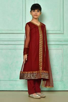 Maroon embroidered net a line kids salwar suits 3