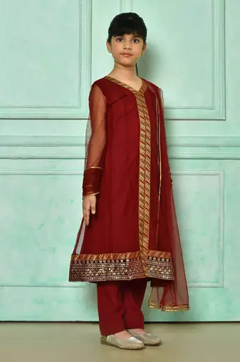 Maroon embroidered net a line kids salwar suits