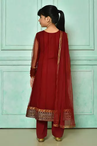 Maroon embroidered net a line kids salwar suits