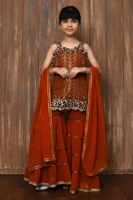Orange embroidered brocade straight cut kids salwar suits 1