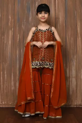 Orange embroidered brocade straight cut kids salwar suits