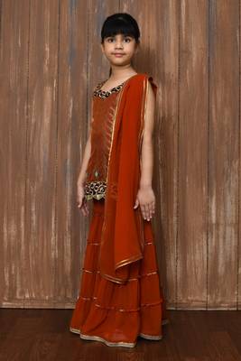 Orange embroidered brocade straight cut kids salwar suits 2