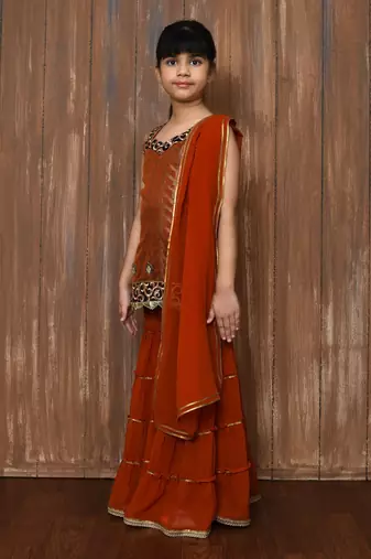 Orange embroidered brocade straight cut kids salwar suits