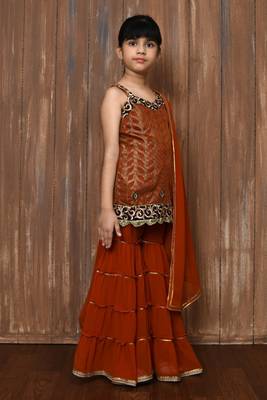 Orange embroidered brocade straight cut kids salwar suits 3