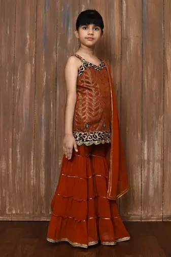 Orange embroidered brocade straight cut kids salwar suits