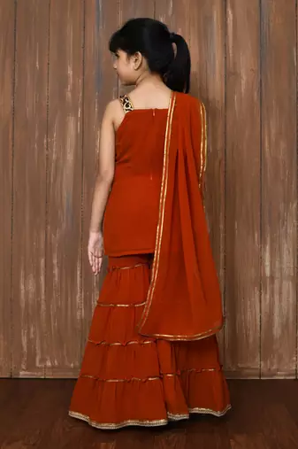 Orange embroidered brocade straight cut kids salwar suits