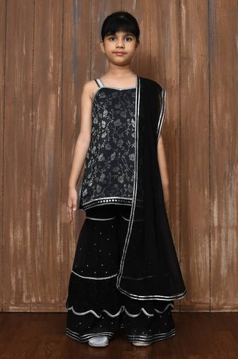 Black embroidered art silk straight cut kids salwar suits