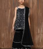 Black embroidered art silk straight cut kids salwar suits