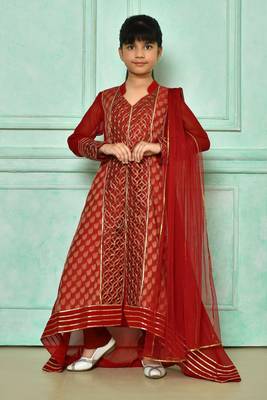 Red embroidered faux georgette asymmetrical kids salwar suits 1