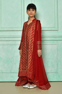 Red embroidered faux georgette asymmetrical kids salwar suits 2