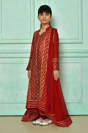 Red embroidered faux georgette asymmetrical kids salwar suits