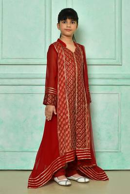 Red embroidered faux georgette asymmetrical kids salwar suits 3
