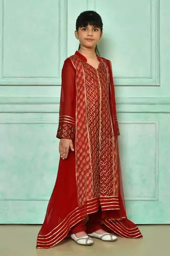 Red embroidered faux georgette asymmetrical kids salwar suits