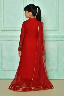 Red embroidered faux georgette asymmetrical kids salwar suits 4