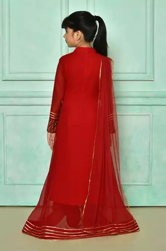 Red embroidered faux georgette asymmetrical kids salwar suits