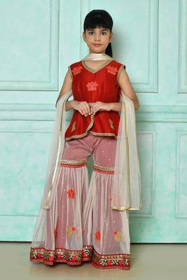 Red embroidered art silk asymmetrical kids salwar suits 1