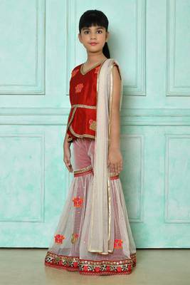 Red embroidered art silk asymmetrical kids salwar suits 2