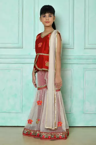 Red embroidered art silk asymmetrical kids salwar suits