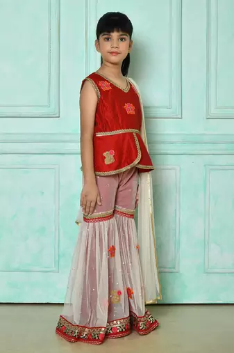 Red embroidered art silk asymmetrical kids salwar suits