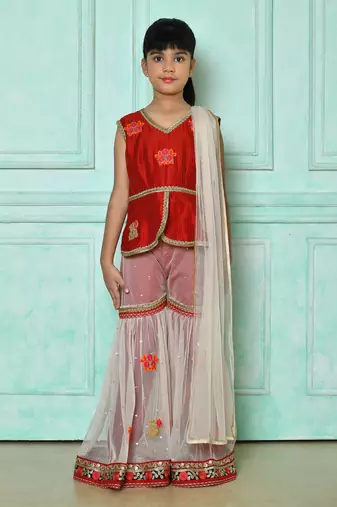 Red embroidered art silk asymmetrical kids salwar suits