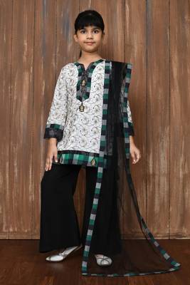 White embroidered cotton straight cut kids salwar suits 1