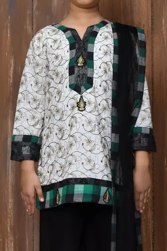 White embroidered cotton straight cut kids salwar suits