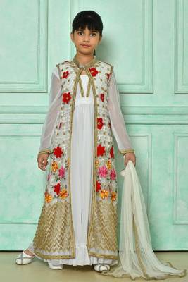 White embroidered net straight cut kids salwar suits 1