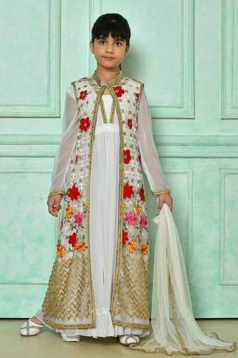 White embroidered net straight cut kids salwar suits