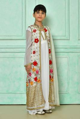 White embroidered net straight cut kids salwar suits 2