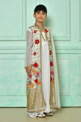 White embroidered net straight cut kids salwar suits