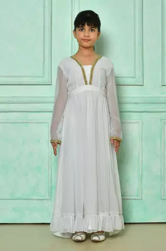 White embroidered net straight cut kids salwar suits