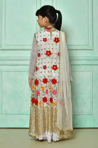 White embroidered net straight cut kids salwar suits