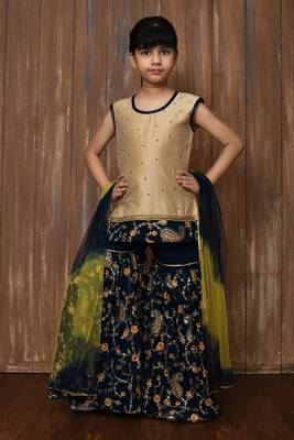 Beige embroidered cotton silk straight cut kids salwar suits 1