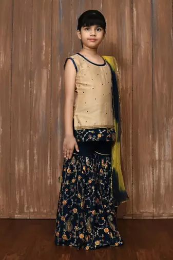 Beige embroidered cotton silk straight cut kids salwar suits