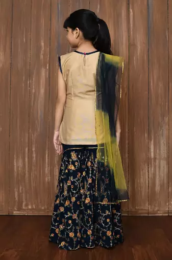Beige embroidered cotton silk straight cut kids salwar suits