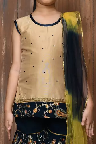 Beige embroidered cotton silk straight cut kids salwar suits