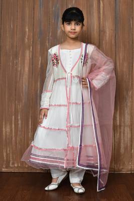 White embroidered net a line kids salwar suits 1