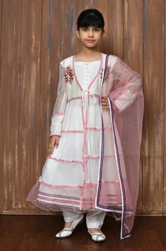 White embroidered net a line kids salwar suits