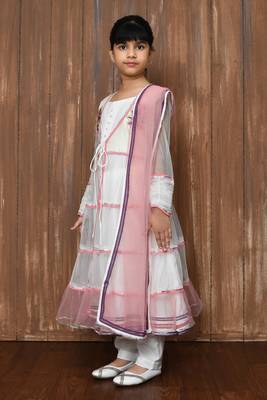 White embroidered net a line kids salwar suits 2