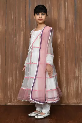 White embroidered net a line kids salwar suits