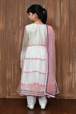 White embroidered net a line kids salwar suits 3