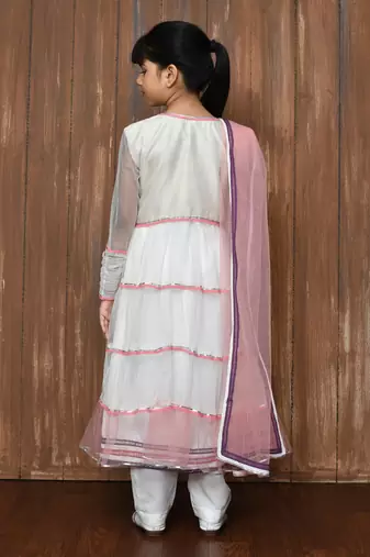 White embroidered net a line kids salwar suits
