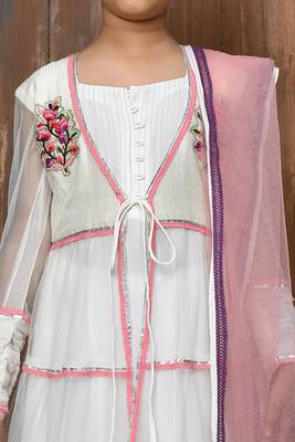 White embroidered net a line kids salwar suits 4