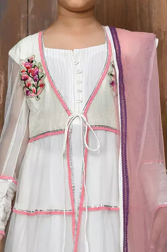 White embroidered net a line kids salwar suits