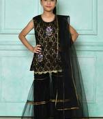 Black embroidered net straight cut kids salwar suits