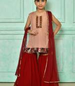 Pink embroidered net straight cut kids salwar suits