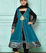 Green embroidered faux georgette a line kids salwar suits