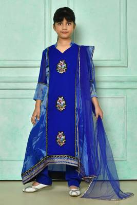 Blue embroidered faux georgette asymmetrical kids salwar suits 1