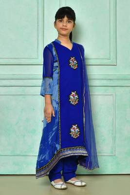 Blue embroidered faux georgette asymmetrical kids salwar suits 2