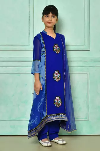 Blue embroidered faux georgette asymmetrical kids salwar suits